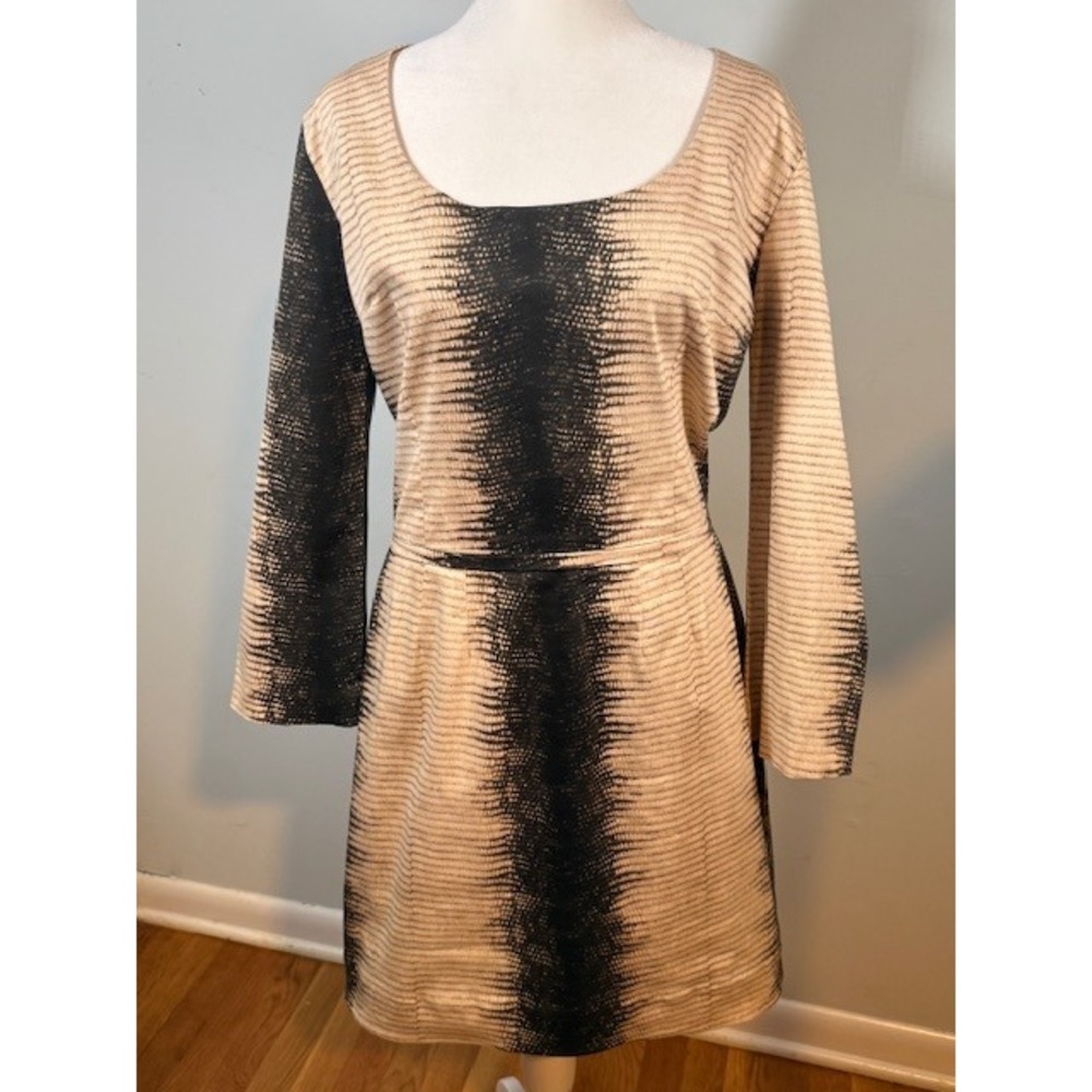 Samantha‎ Sung Hand Printed Dress Size 8 Tan Black Long Sleeve Cotton Stretch